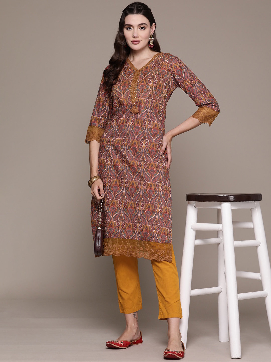 

Readiprint Paisley Printed Sequinned Pure Cotton Kurta with Trousers, Mustard