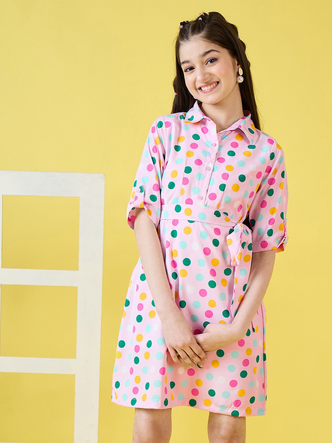 

Stylo Bug Girls Polka Dots Printed Shirt Collar Roll Up Sleeves Belted A-Line Dress, Pink