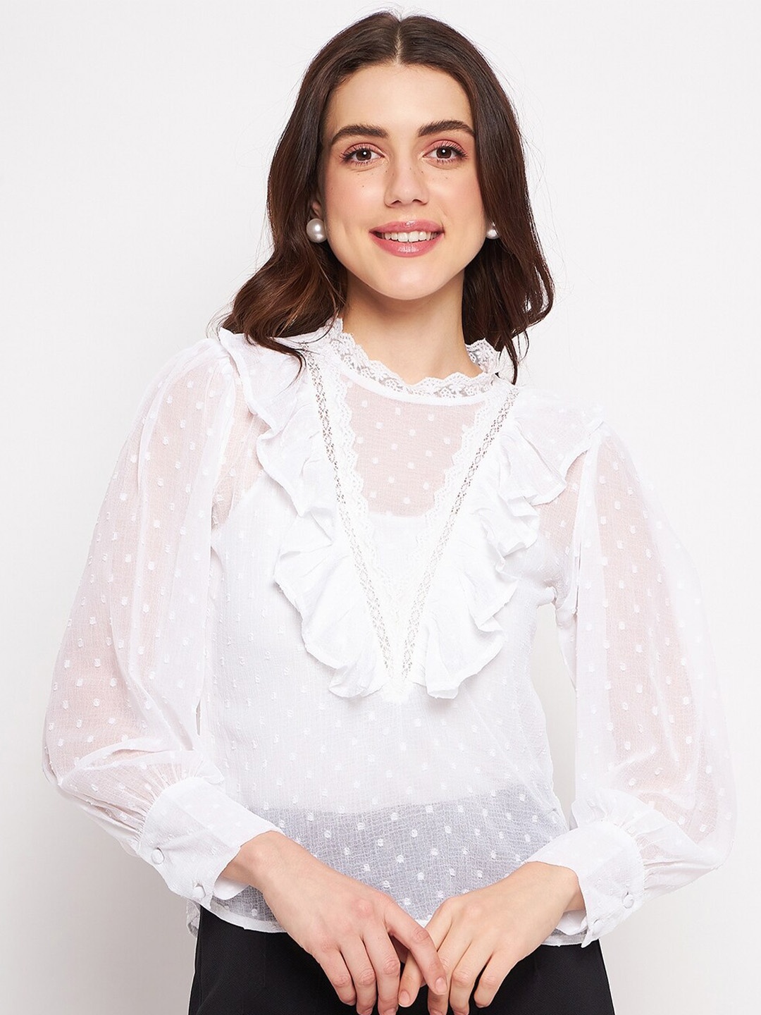 

DELAN Self Design Round Neck Long Sleeves Cotton Top, White