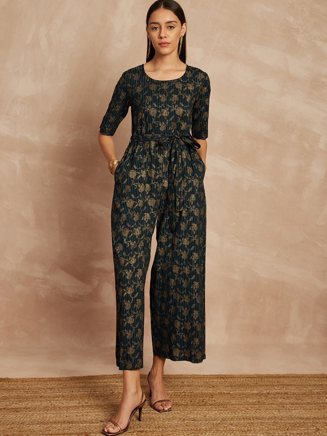 

all about you Floral Printed Waist Tie-Ups Basic Jumpsuit, Black