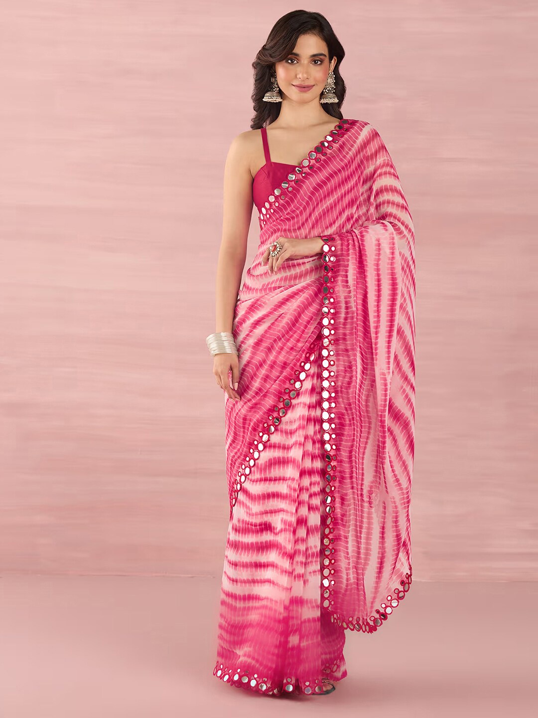 

Satrani Pink Striped Printed Mirror Work Leheriya Saree