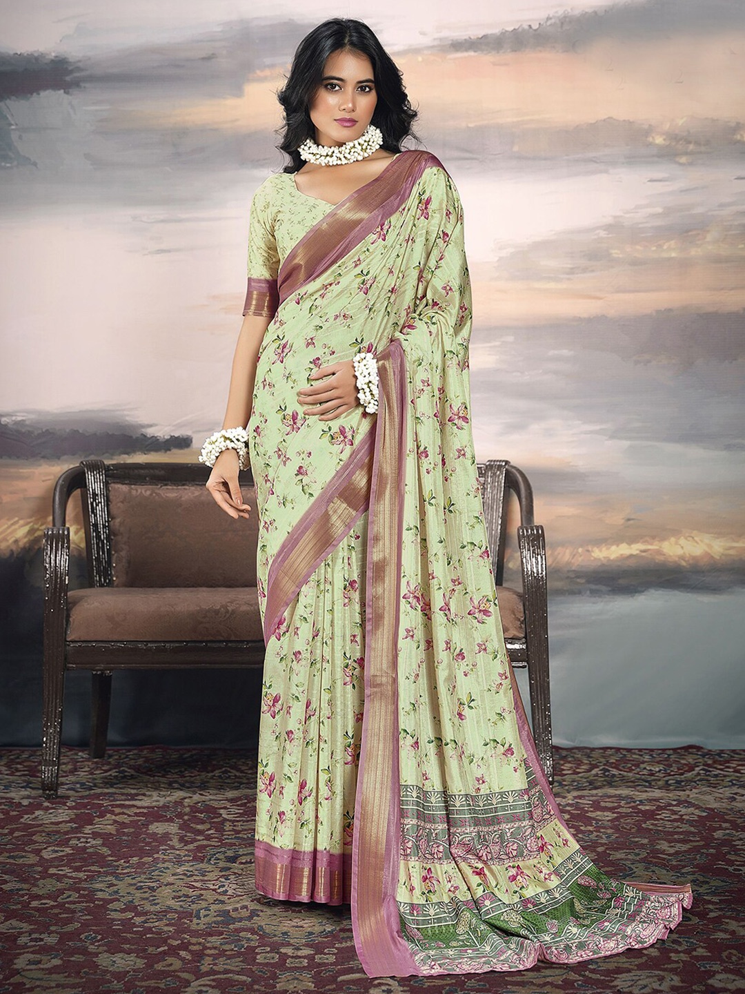 

Satrani Yellow Floral Printed Zari Leheriya Organza Saree