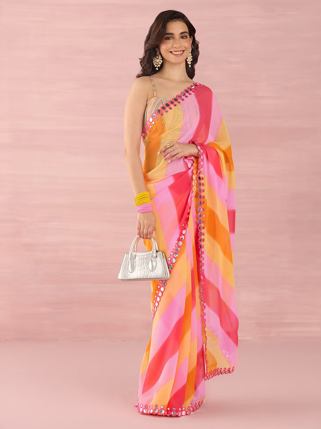 

Satrani Pink Striped Mirror Work Leheriya Saree
