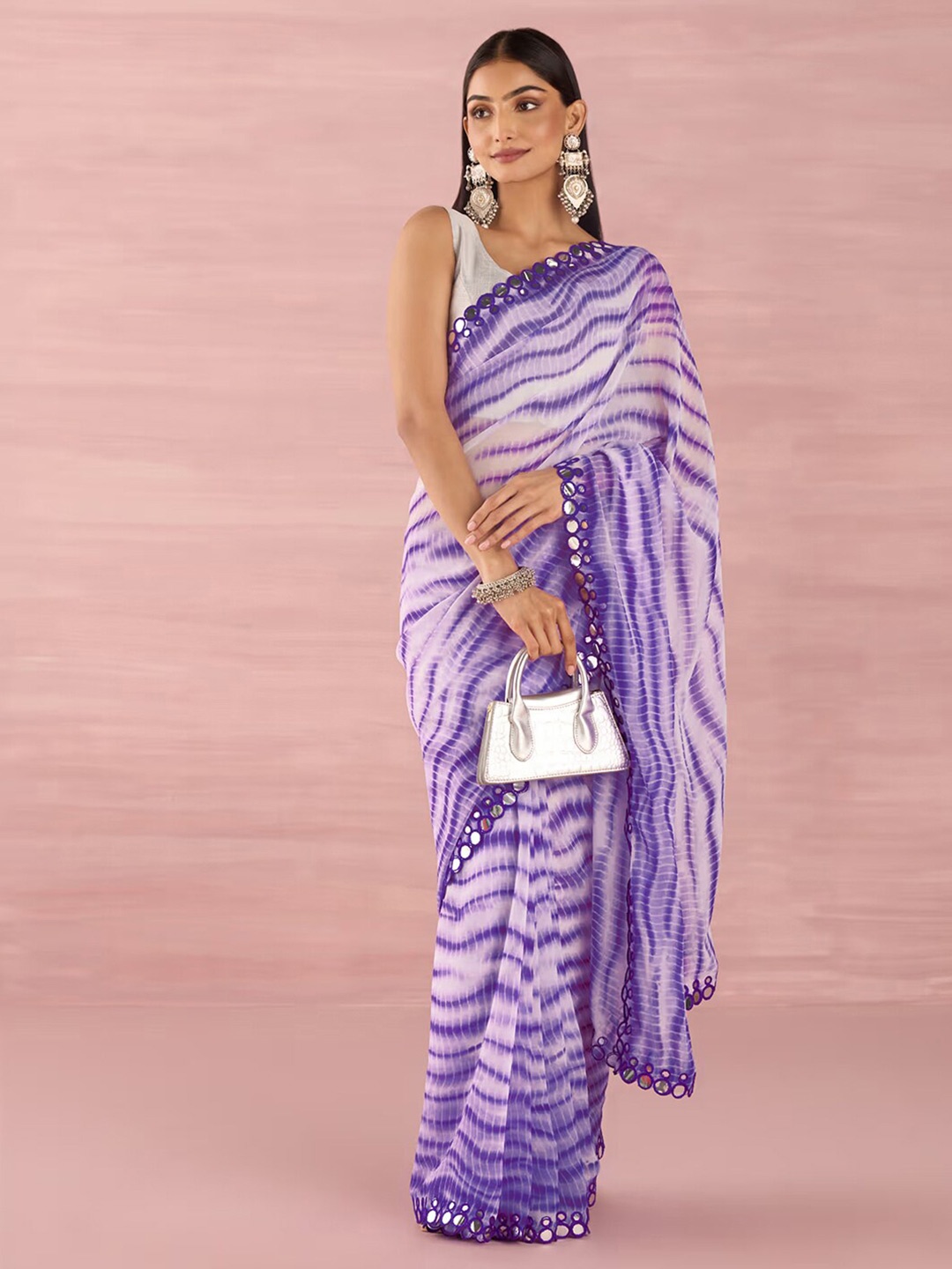 

Satrani Purple Striped Printed Mirror Work Leheriya Saree