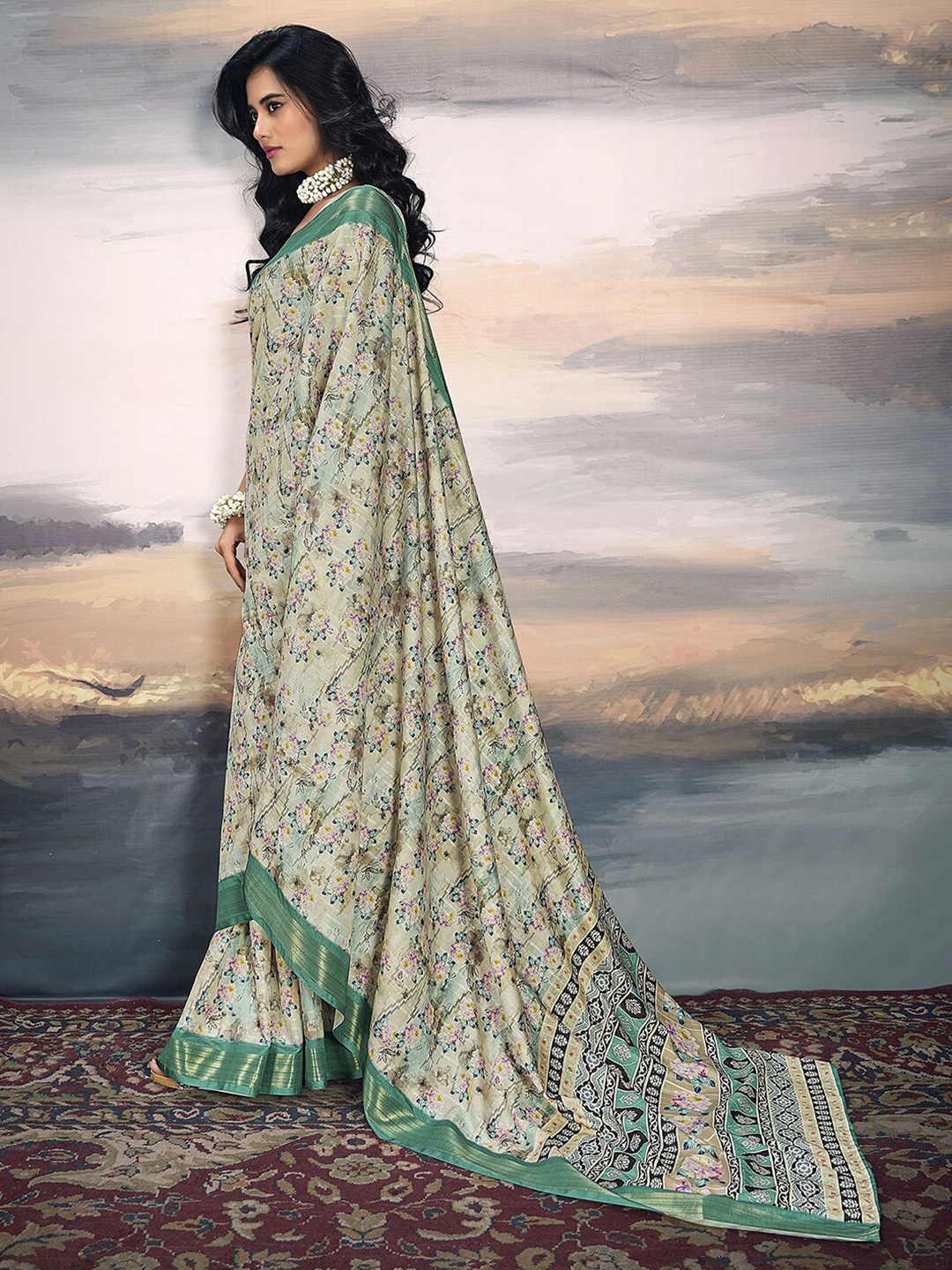 

Satrani Floral Printed Zari Organza Leheriya Saree, Beige