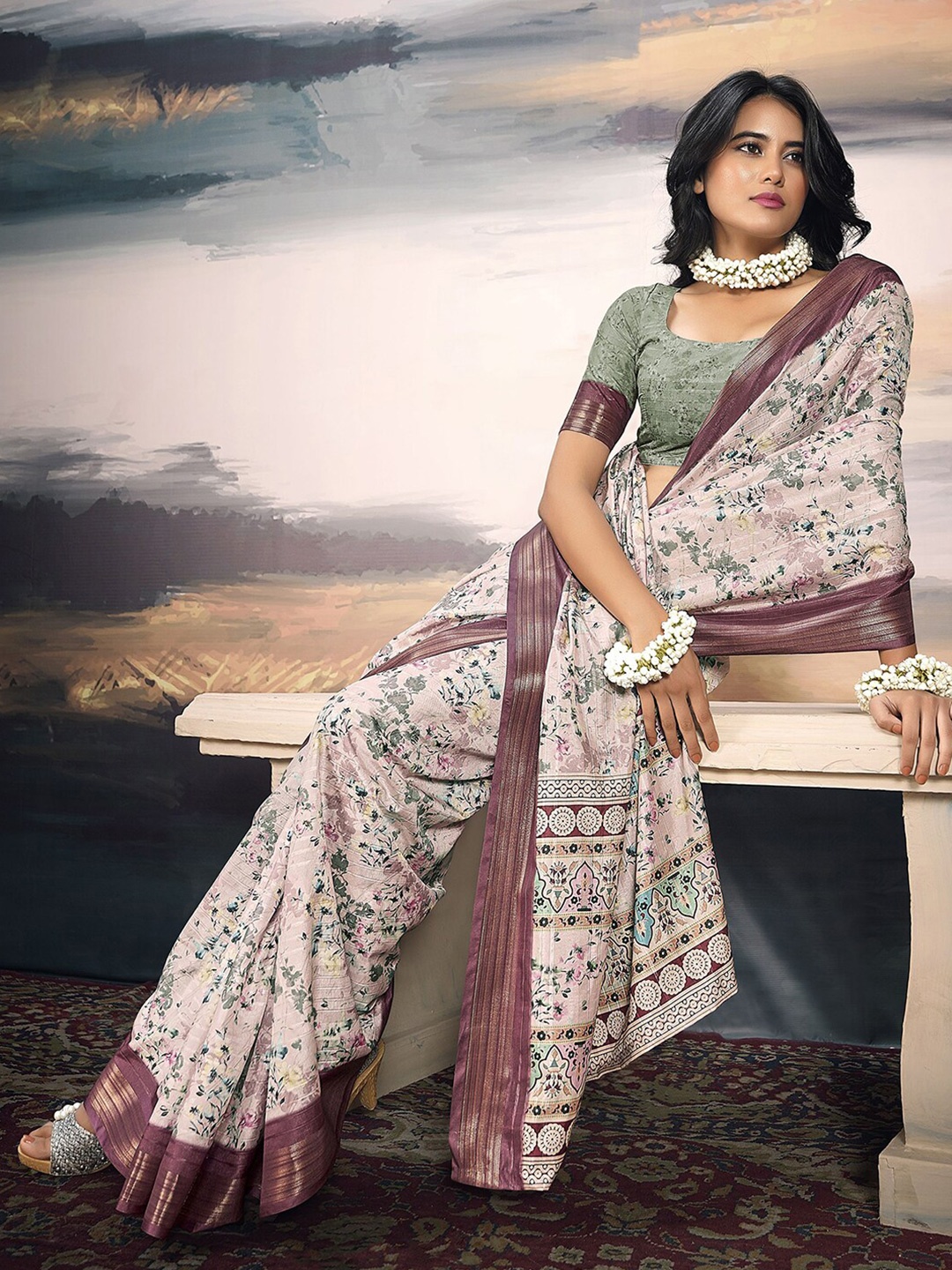 

Satrani Peach Floral Printed Zari Leheriya Organza Saree