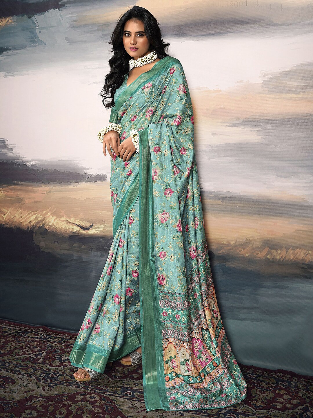 

Satrani Green Floral Printed Zari Leheriya Organza Saree