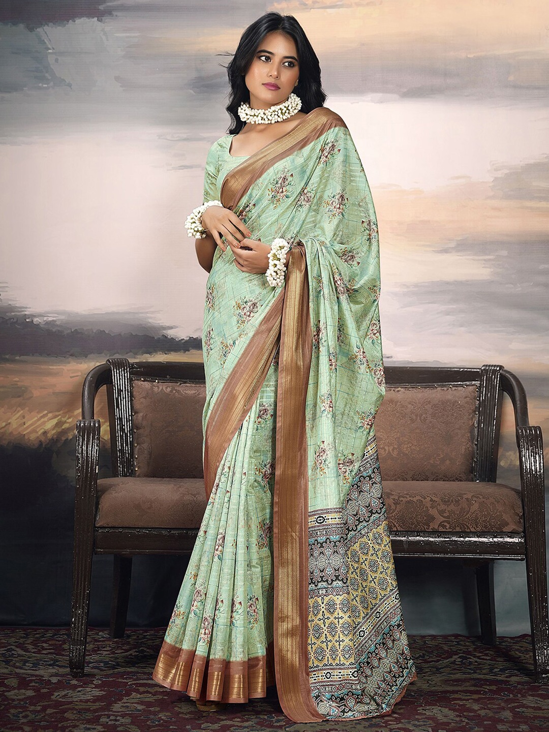 

Satrani Green Floral Printed Zari Organza Saree