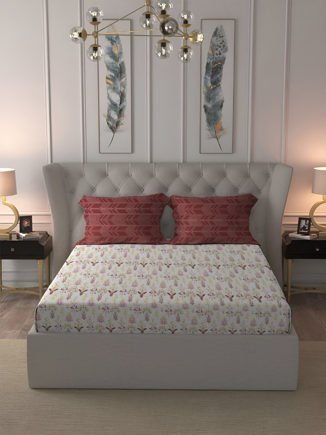 

MYTRIDENT April Yellow Dusk & Dawn Flat 144TC Queen Cotton 1 Bedsheet with 2 Pillow Covers
