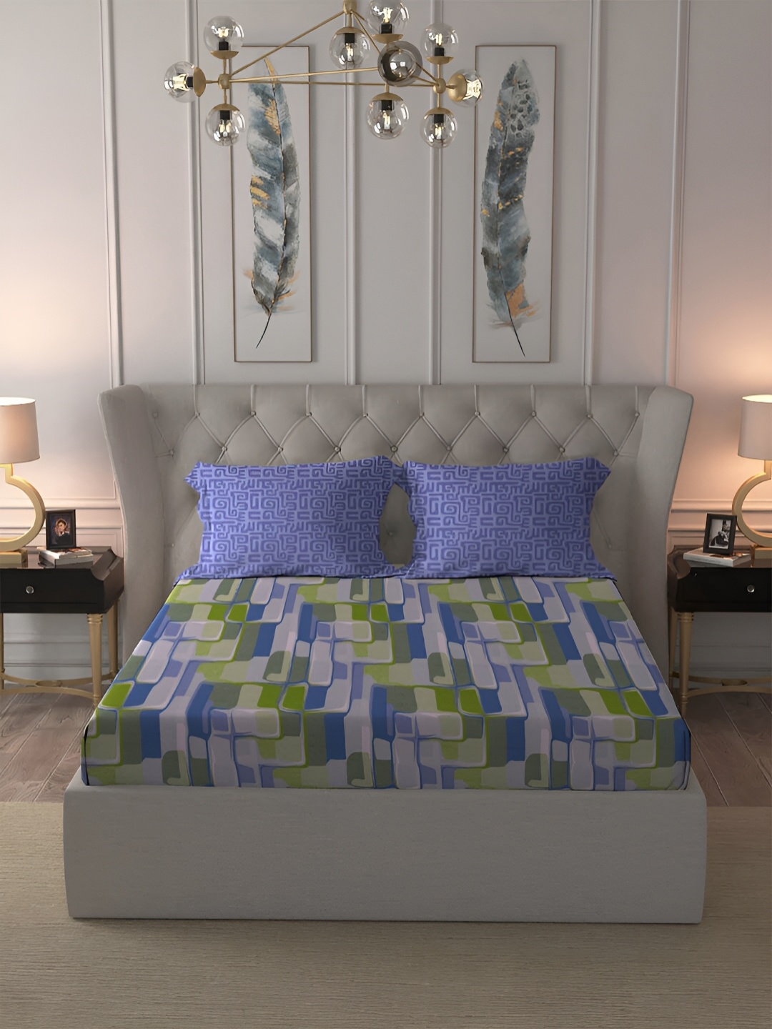 

MYTRIDENT Navy Blue Geometric Pure Cotton 144 TC King Bedsheet with 2 Pillow Covers