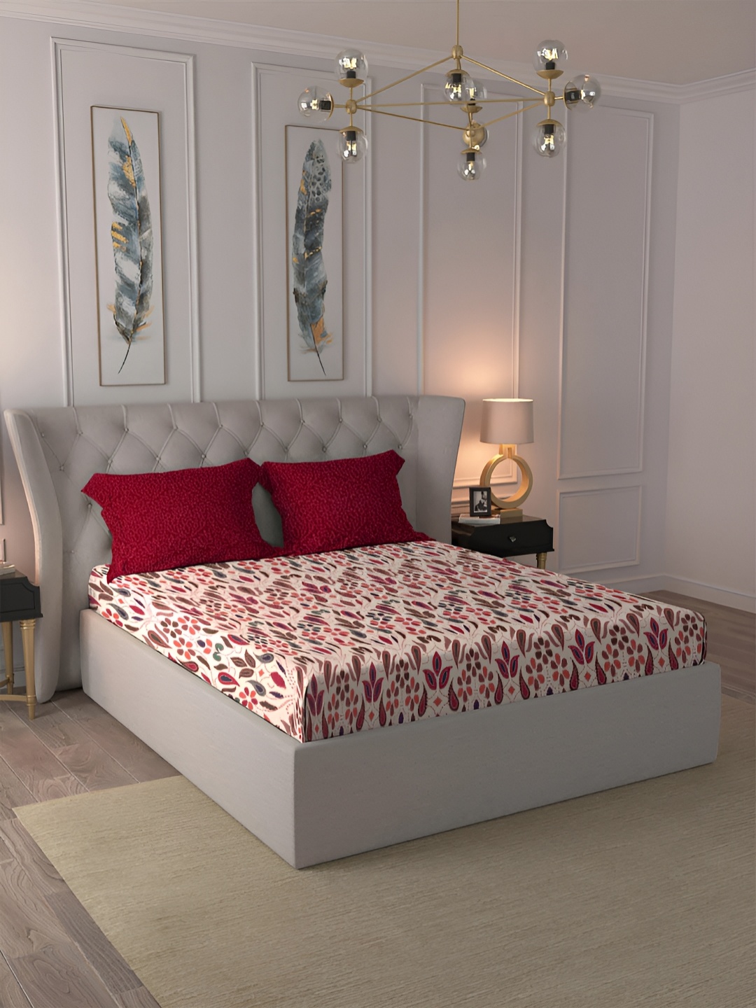 

MYTRIDENT Red & White Floral Pure Cotton 144 TC King Bedsheet with 2 Pillow Covers