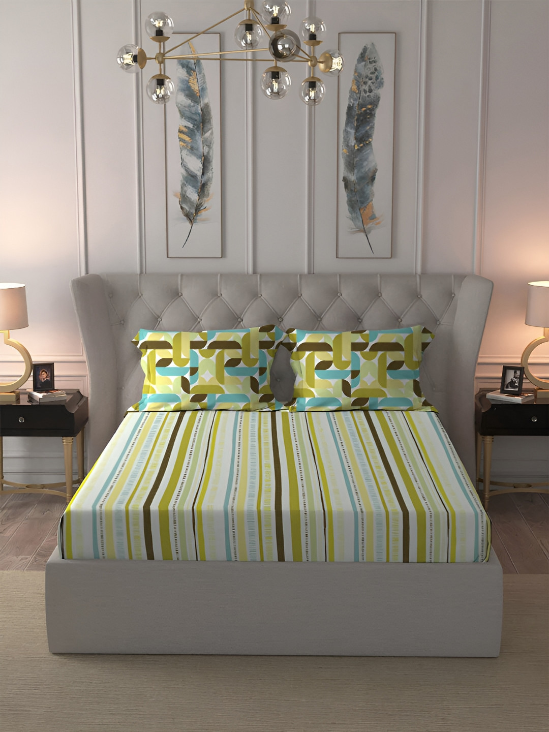 

MYTRIDENT Green & White Striped Pure Cotton 144 TC King Bedsheet with 2 Pillow Covers