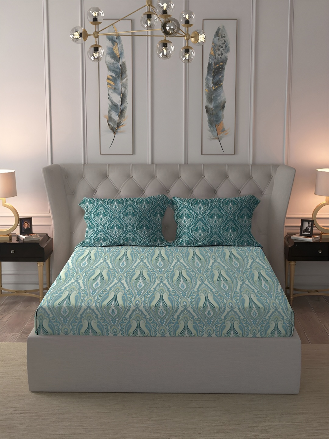 

MYTRIDENT Blue Dusk & Dawn Flat 144TC Queen Cotton 1 Bedsheet with 2 Pillow Covers