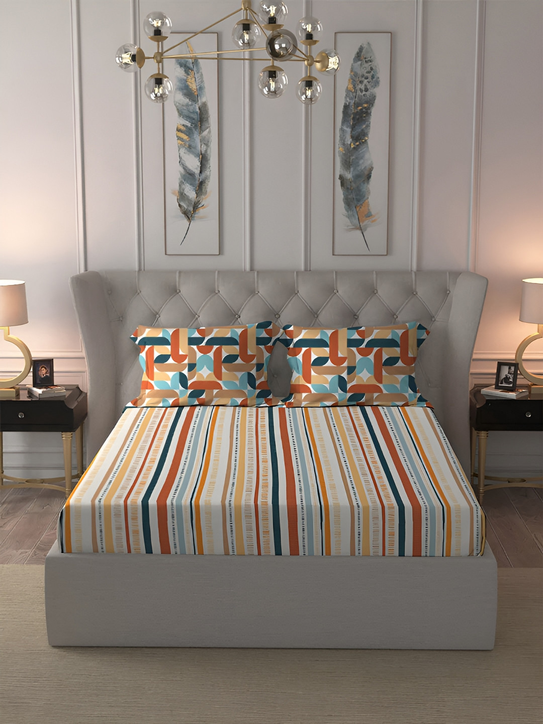 

MYTRIDENT Orange & White Geometric Cotton 144 TC King Bedsheet with 2 Pillow Covers