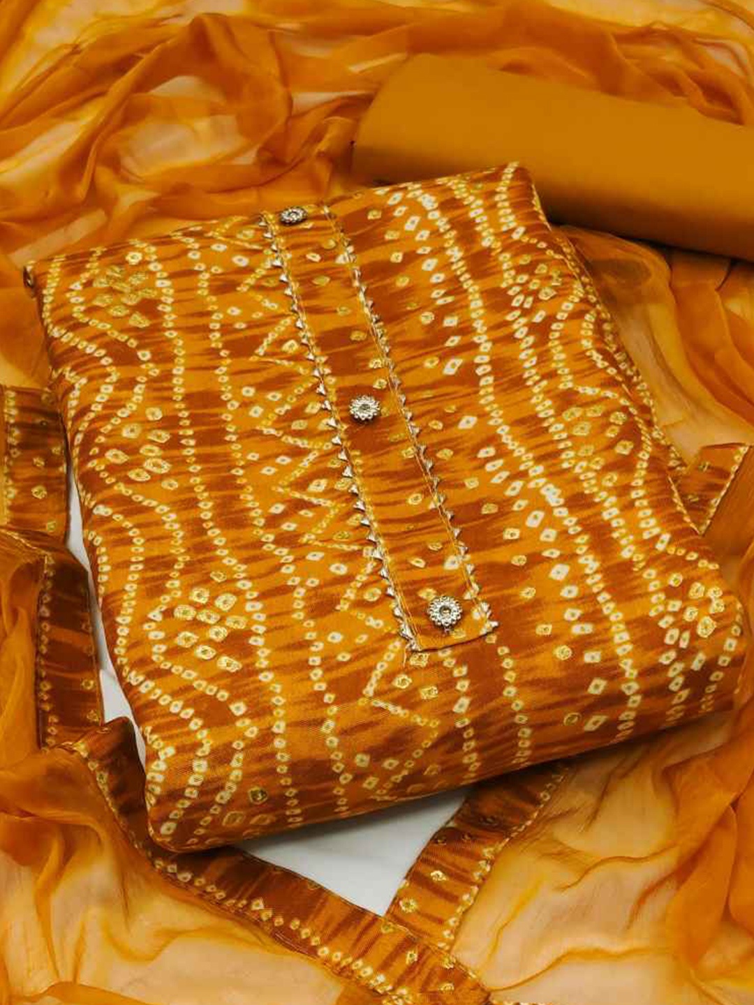 

faxofab Bandhani Printed Unstitched Dress Material, Yellow