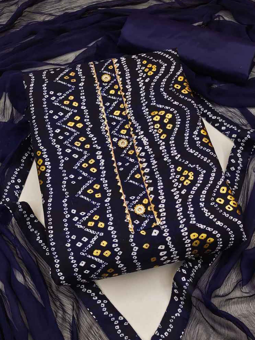 

faxofab Bandhani Printed Gotta Patti Unstitched Dress Material, Navy blue