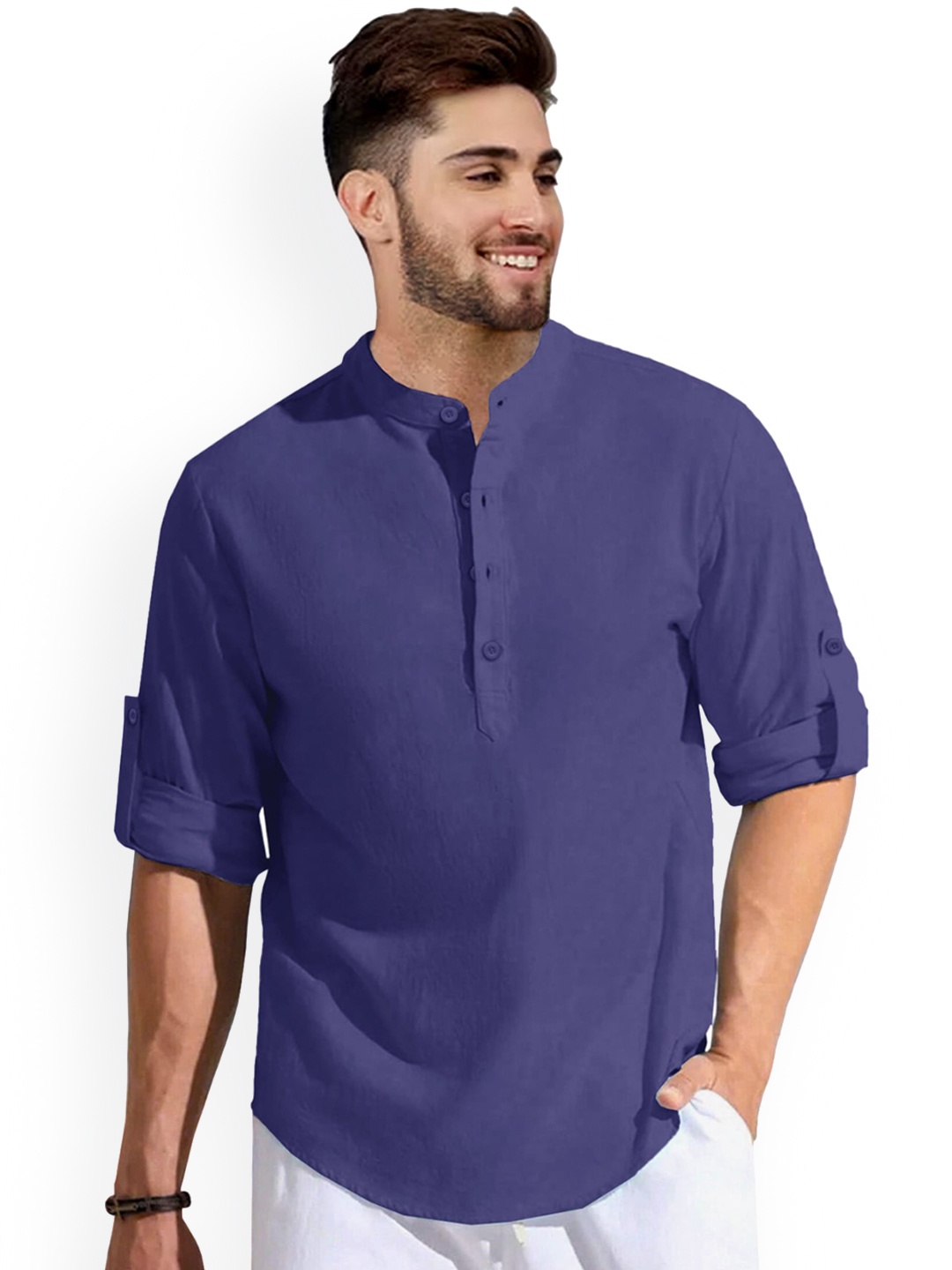 

Anouk Purple Band Collar Regular Linen Cotton Straight Kurta