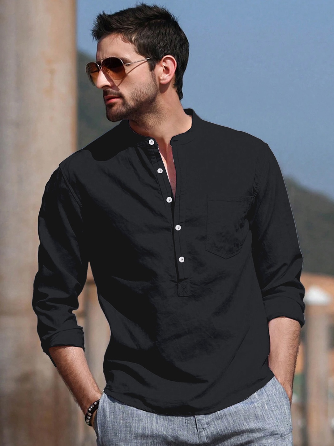 

Anouk Pure Cotton Mandarin Collar Short Kurta, Black