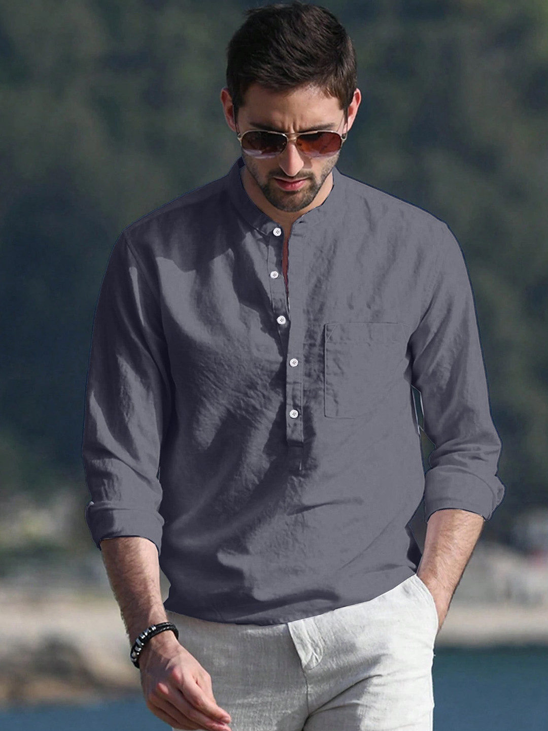 

Anouk Pure Cotton Mandarin Collar Short Kurta, Grey