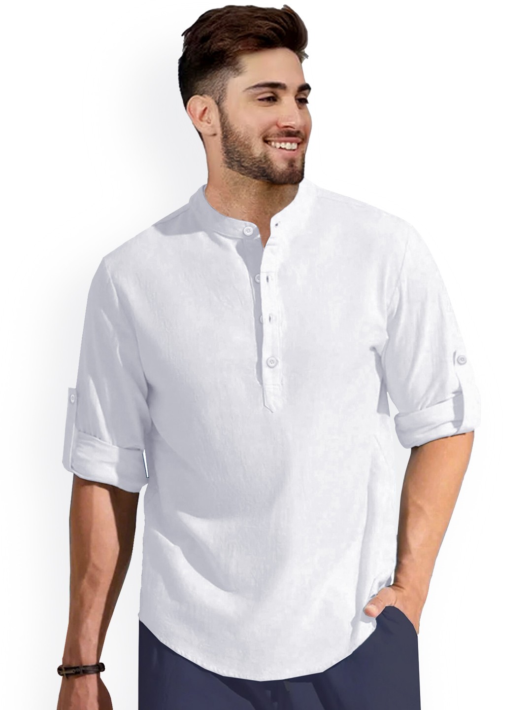 

Anouk White Band Collar Regular Linen Cotton Straight Kurta