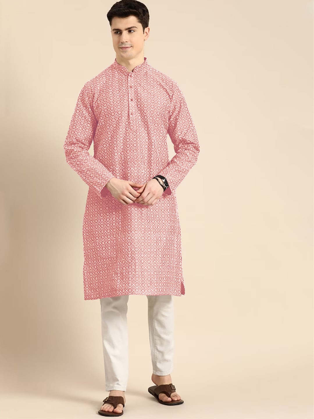 

Anouk Peach Coloured Embroidered Mandarin Collar Lucknowi Chikankari Cotton Straight Kurta, Pink