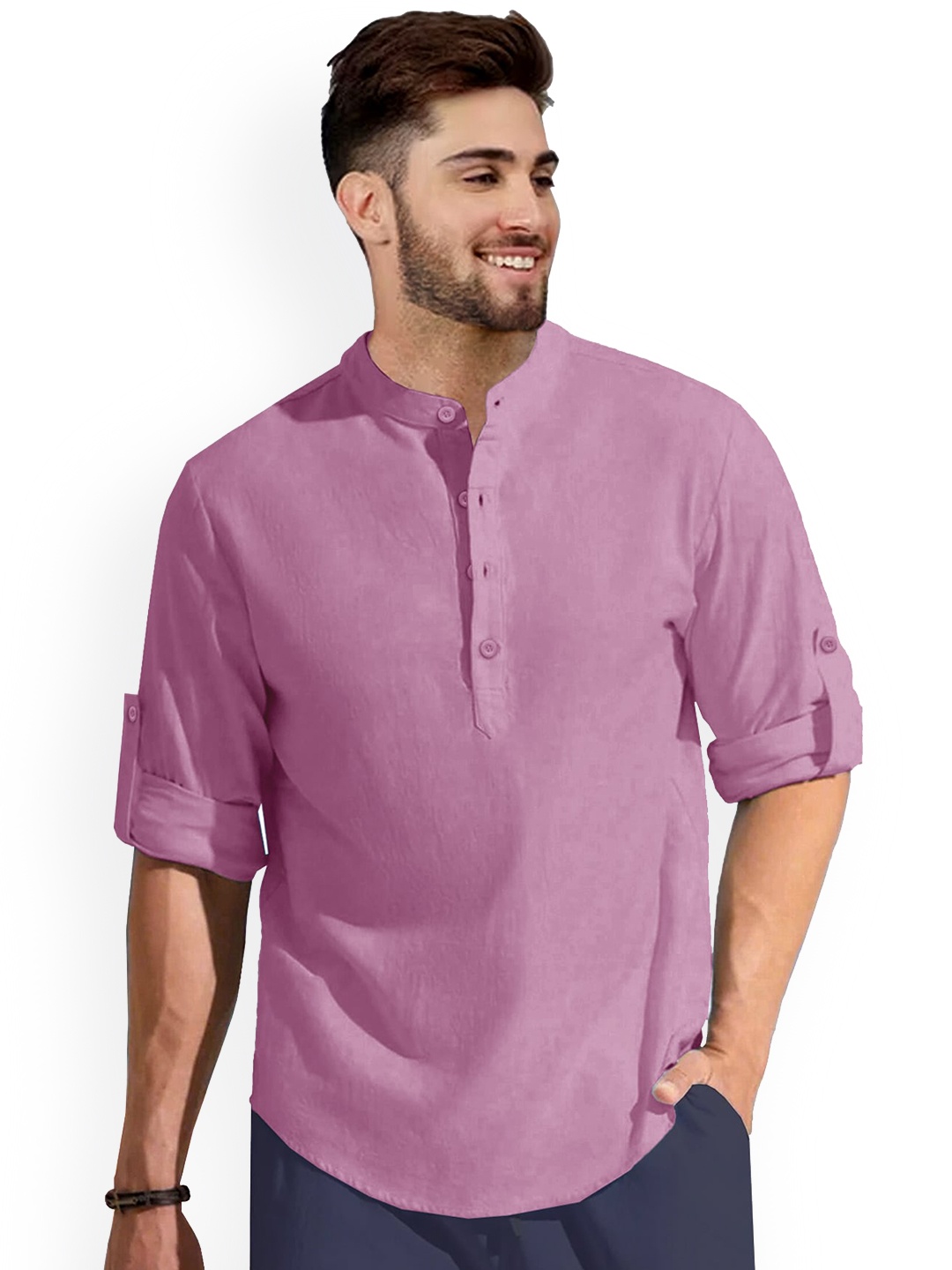 

Anouk Pink Band Collar Regular Cotton Straight Kurta