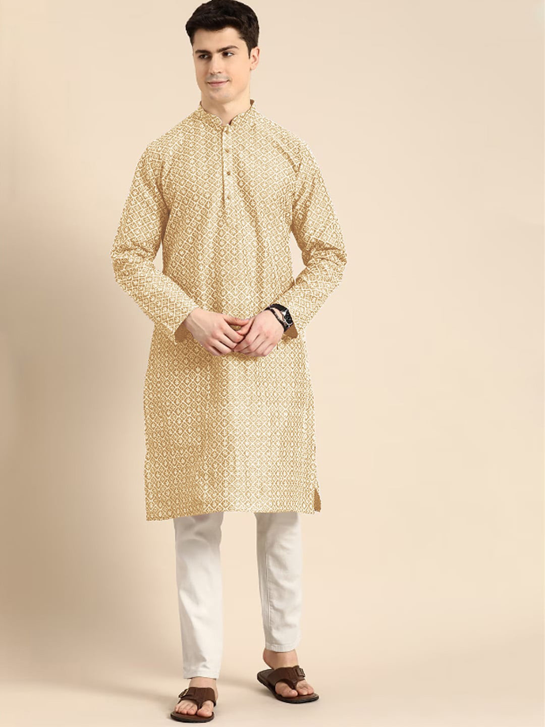 

Anouk Cream-Coloured Floral Lucknowi Embroidery Pure Cotton Straight Kurta