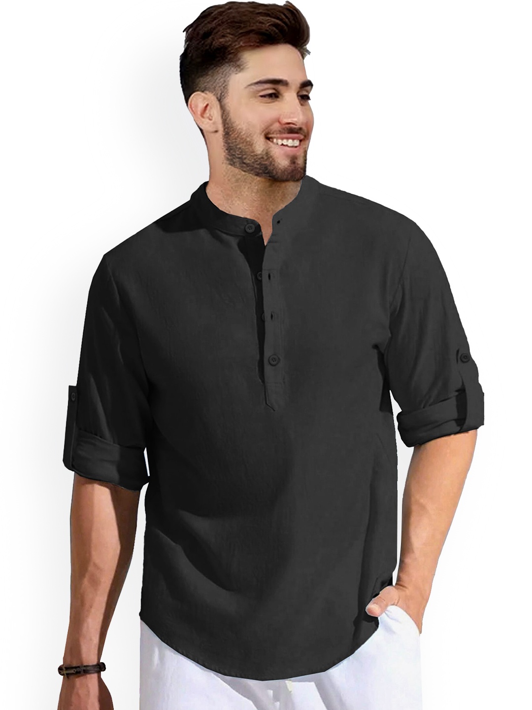 

Anouk Black Band Collar Roll-Up Sleeves Cotton Linen Straight Kurta