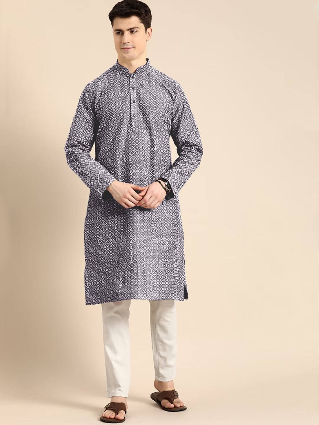 

Anouk Grey Floral Lucknowi Embroidery Pure Cotton Straight Kurta