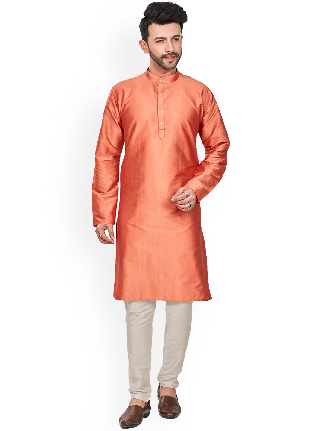 

Anouk Orange Band Collar Straight Banarasi Kurta