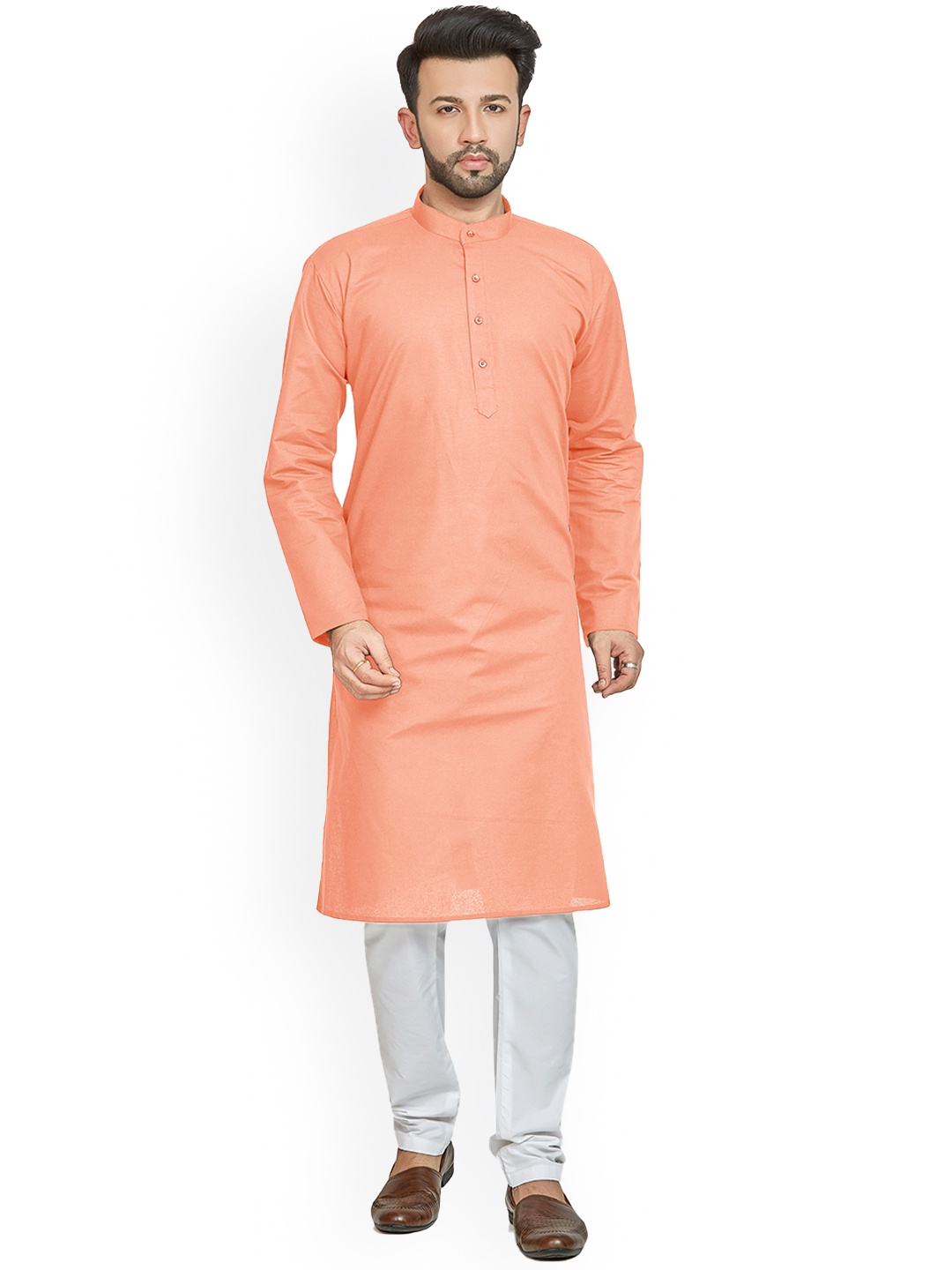 

Anouk Peach-coloured Band Collar Pure Cotton Straight Kurtas