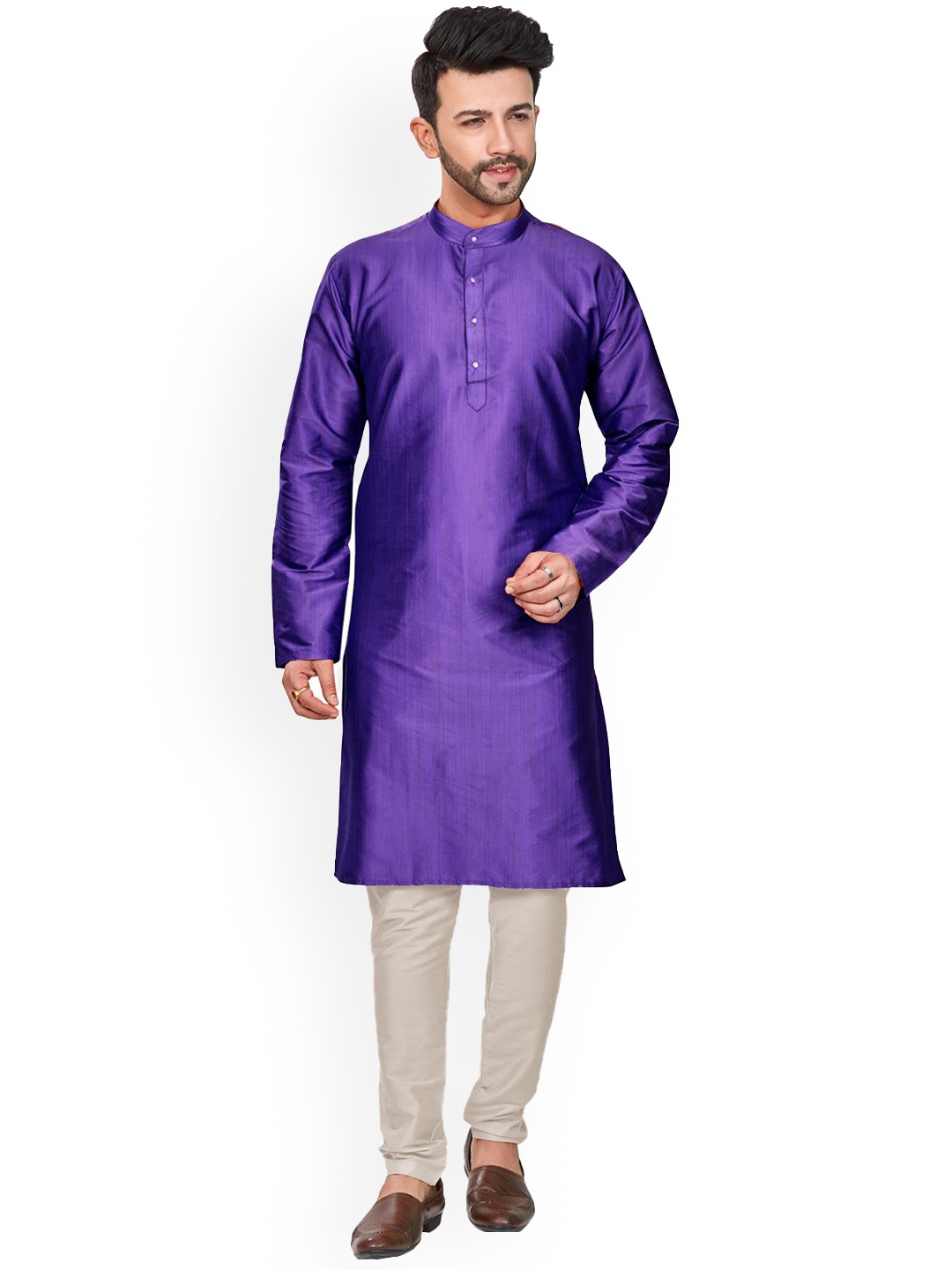 

Anouk Purple Band Collar Straight Banarasi Kurta