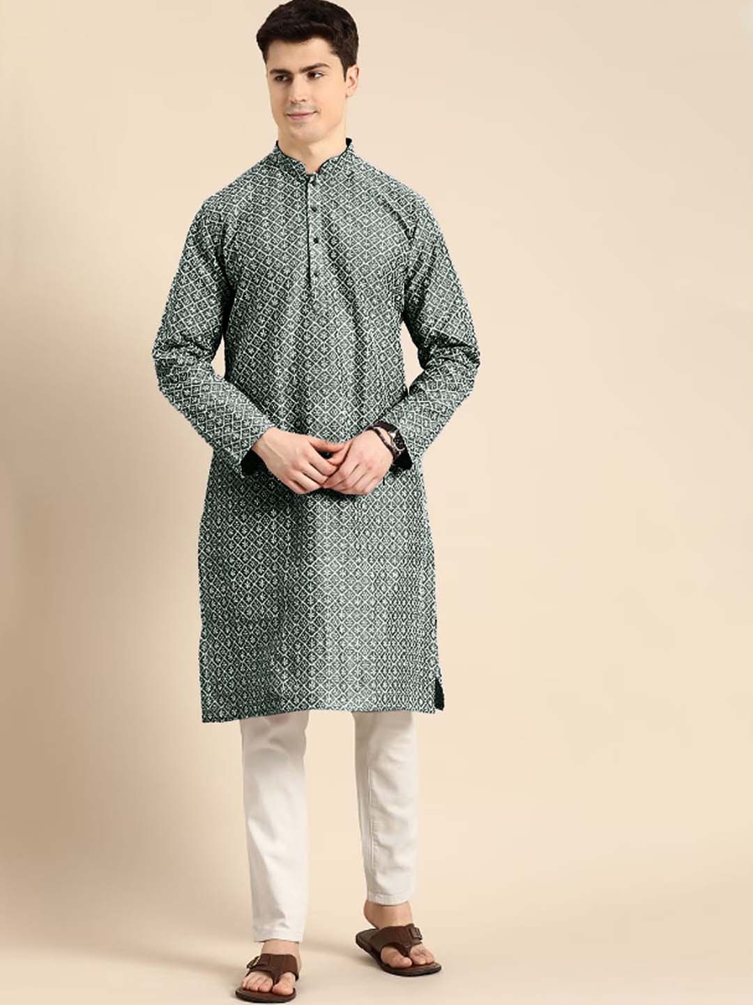 

Anouk Embroidered Mandarin Collar Lucknowi Cotton Straight Kurta, Green