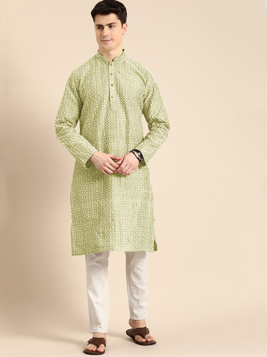 

Anouk Embroidered Mandarin Collar Lucknowi Cotton Straight Kurta, Green
