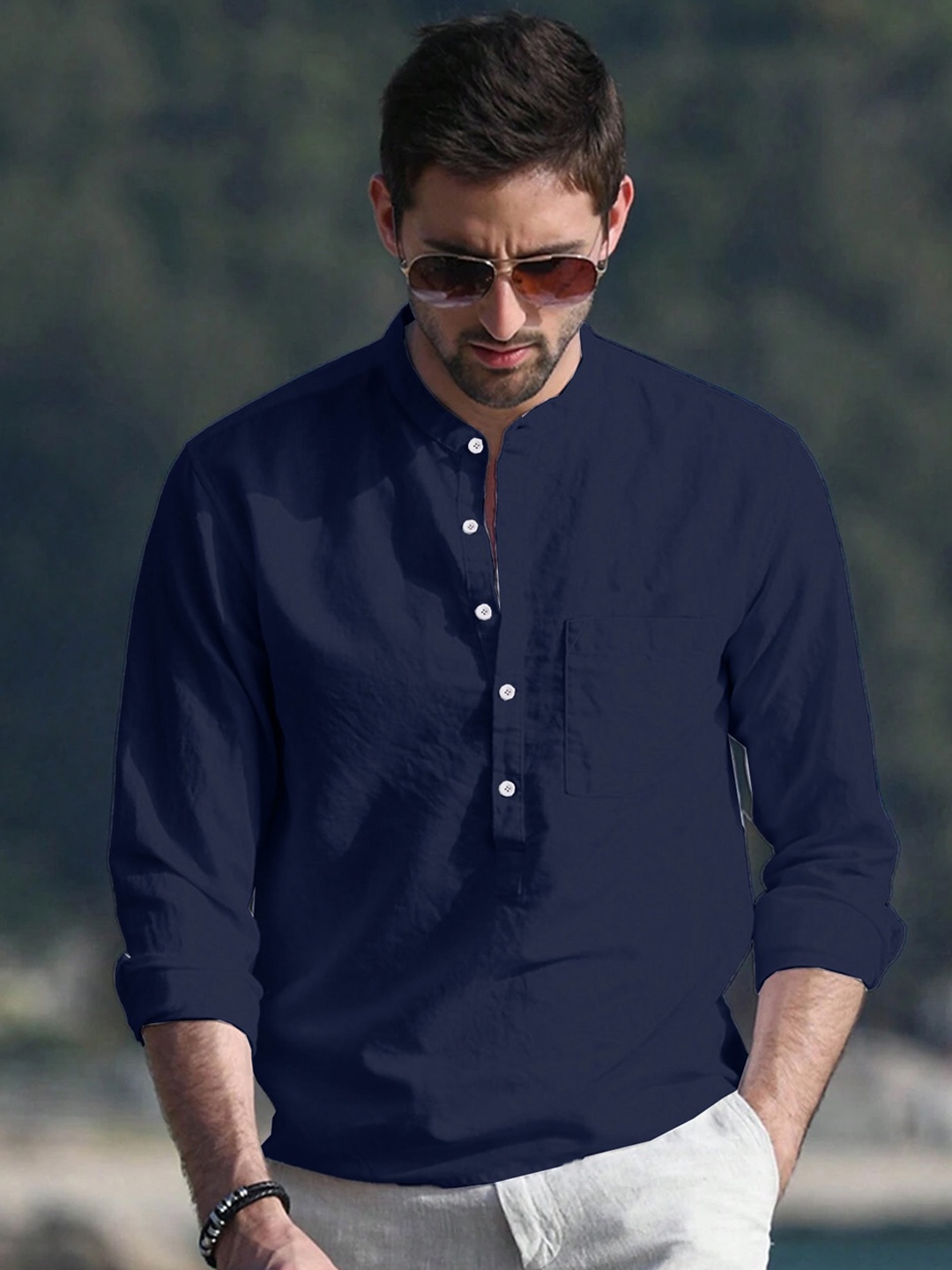 

Anouk Pure Cotton Mandarin Collar Short Kurta, Navy blue