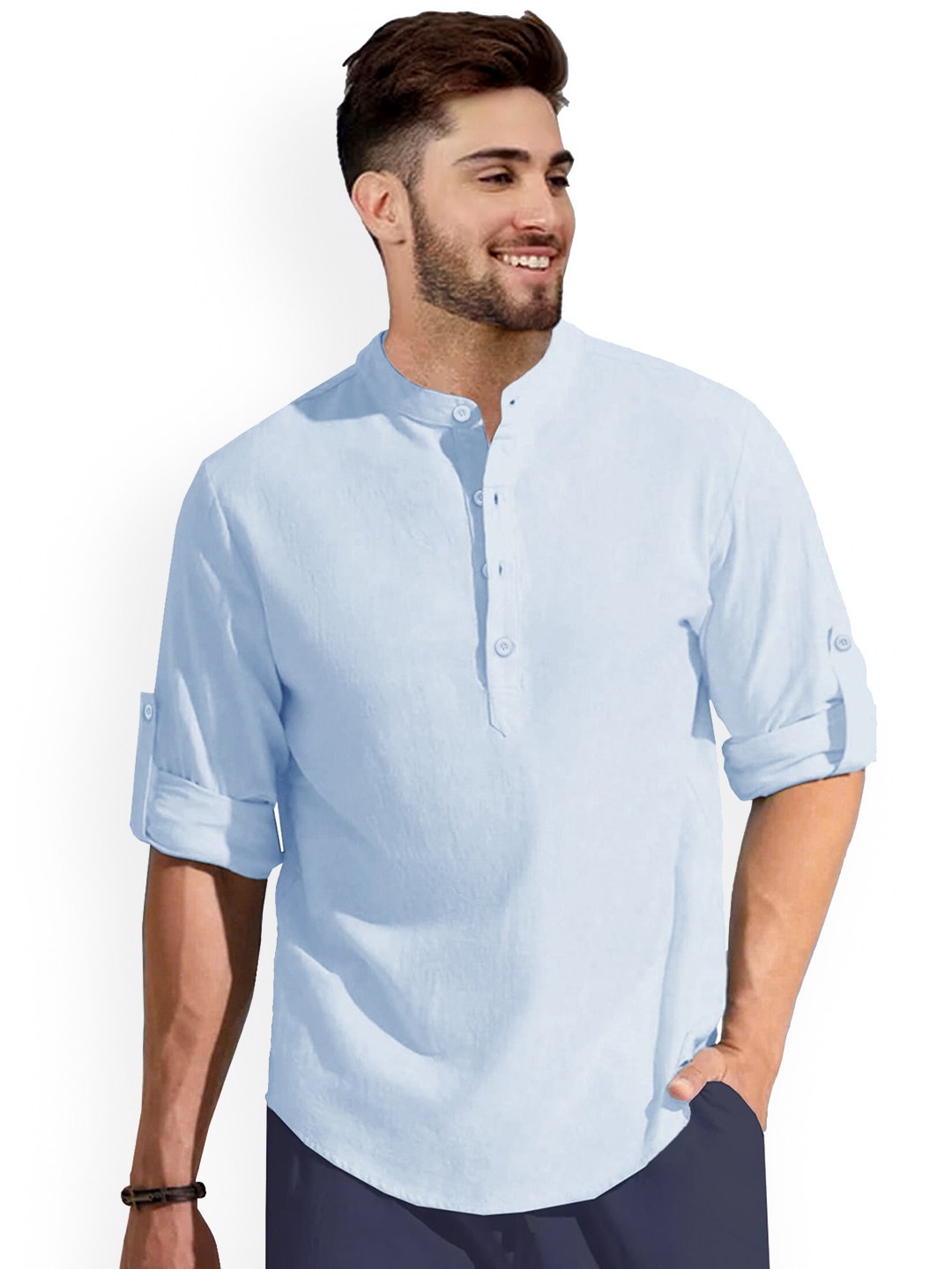 

Anouk Mandarin Collar Linen Cotton Straight Kurta, Blue