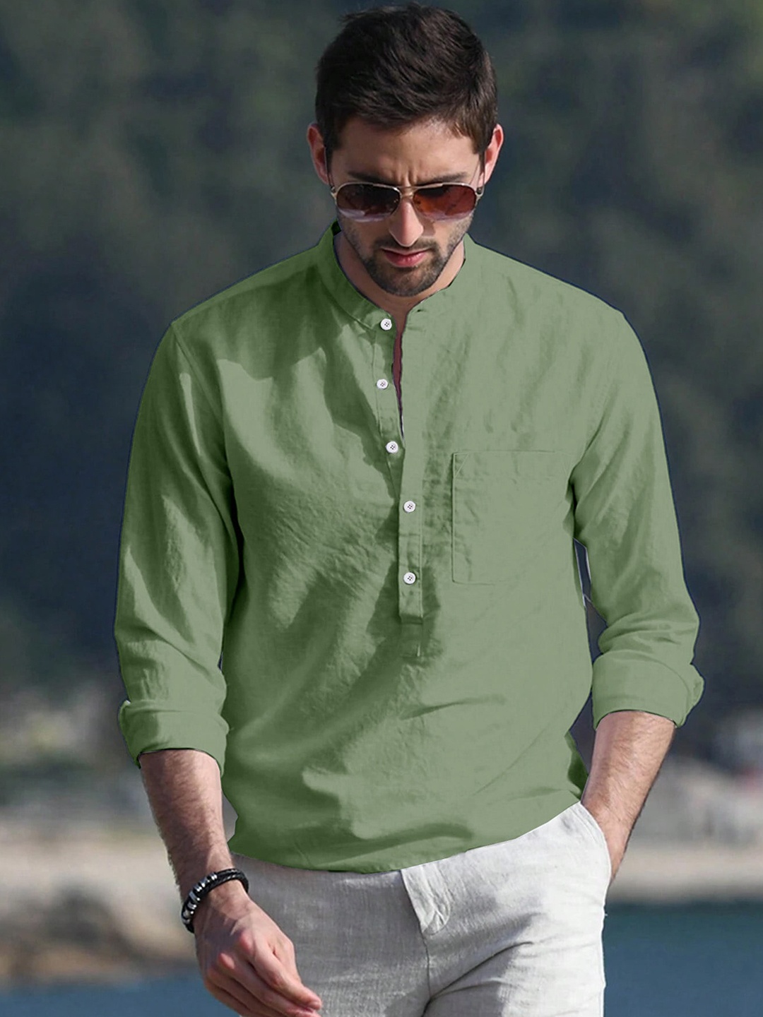 

Anouk Pure Cotton Mandarin Collar Short Kurta, Green