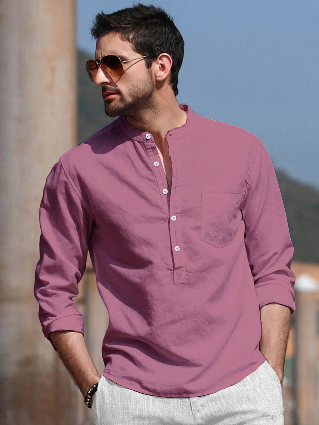 

Anouk Pure Cotton Mandarin Collar Short Kurta, Pink