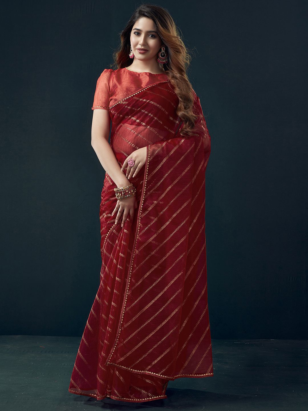 

KALINI Red Striped Gotta Patti Net Leheriya Saree