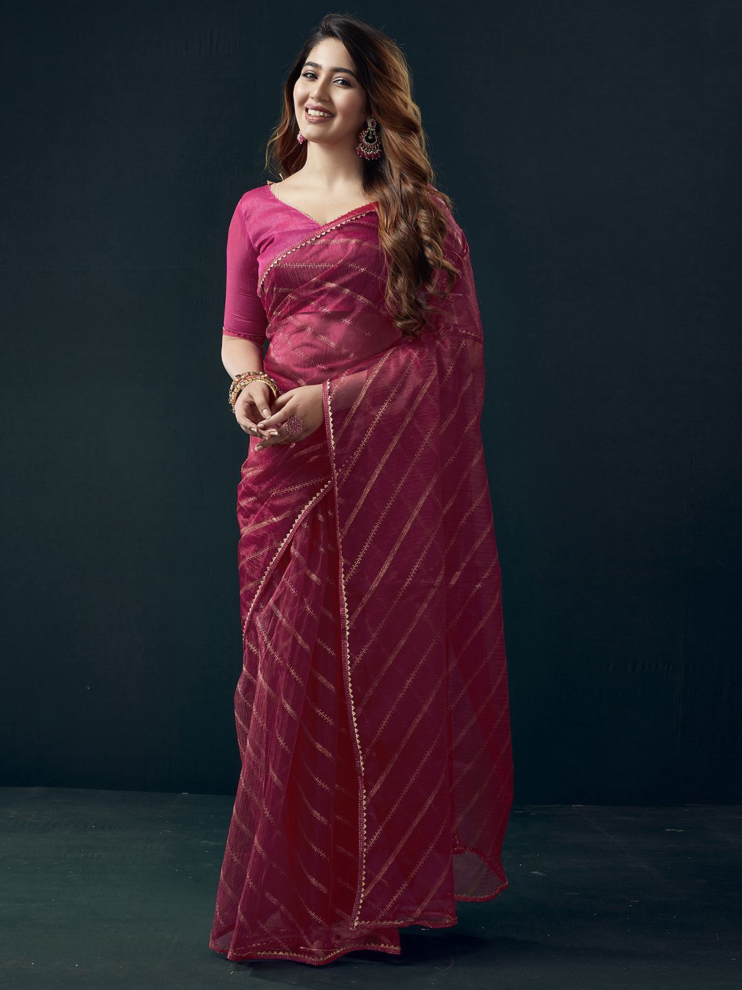 

KALINI Striped Gotta Patti Net Leheriya Saree, Pink