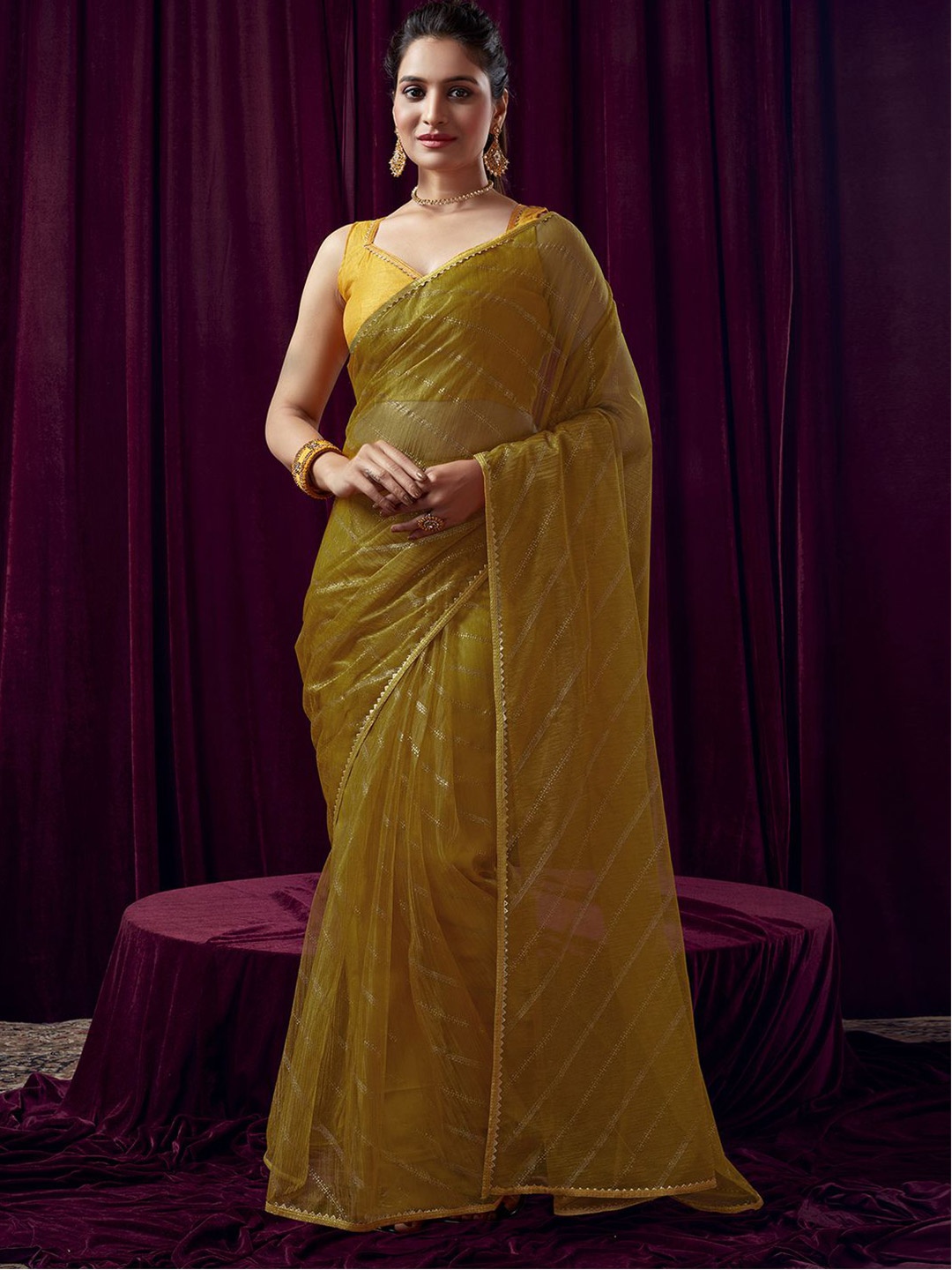 

KALINI Striped Gotta Patti Net Saree, Yellow