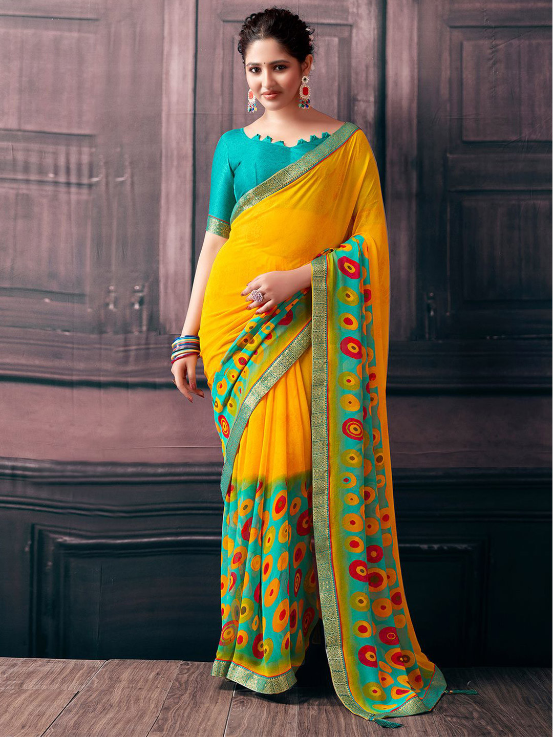 

KALINI Zari Printed & Lace Saree, Yellow