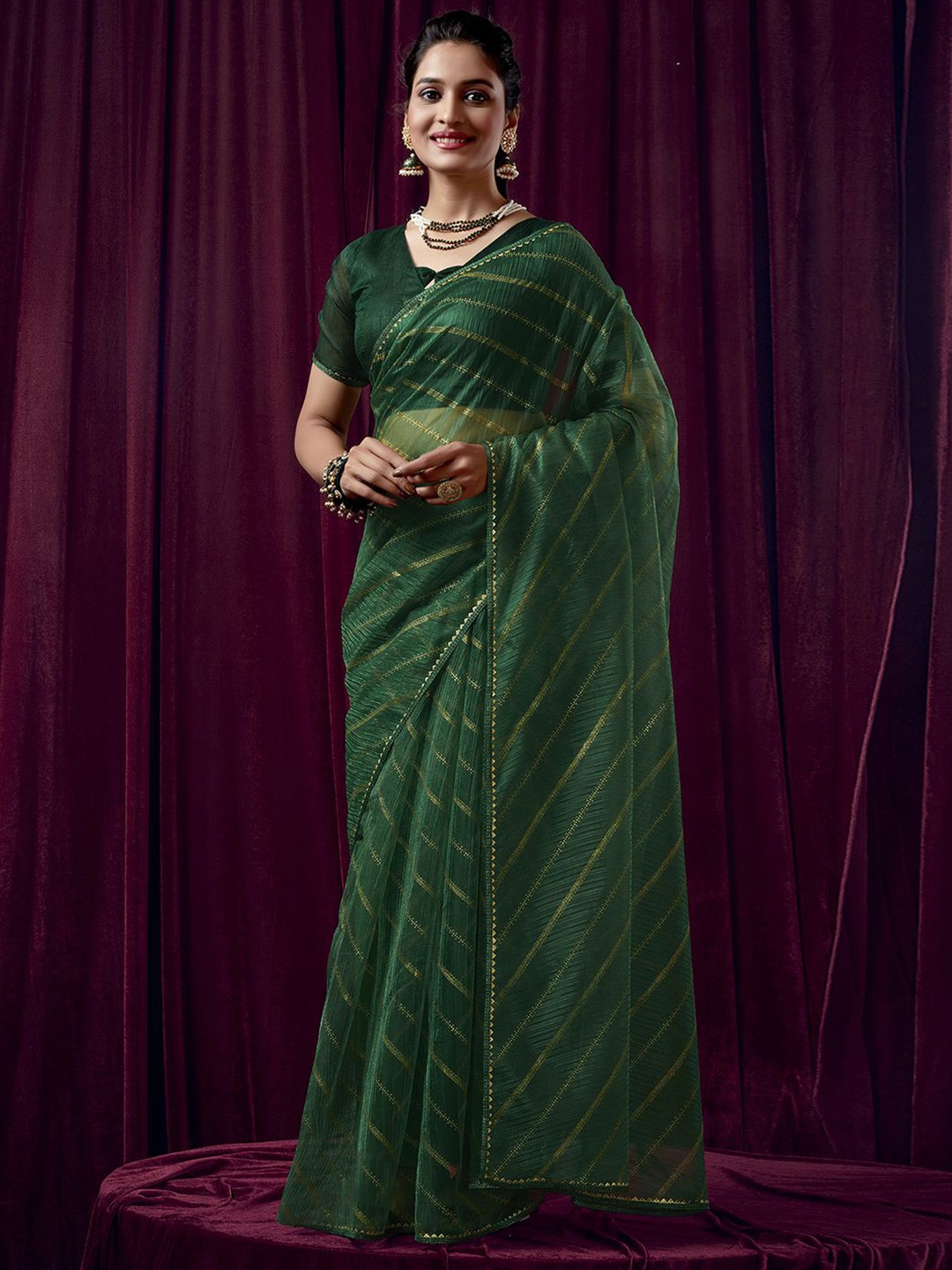 

KALINI Green Striped Gotta Patti Net Saree