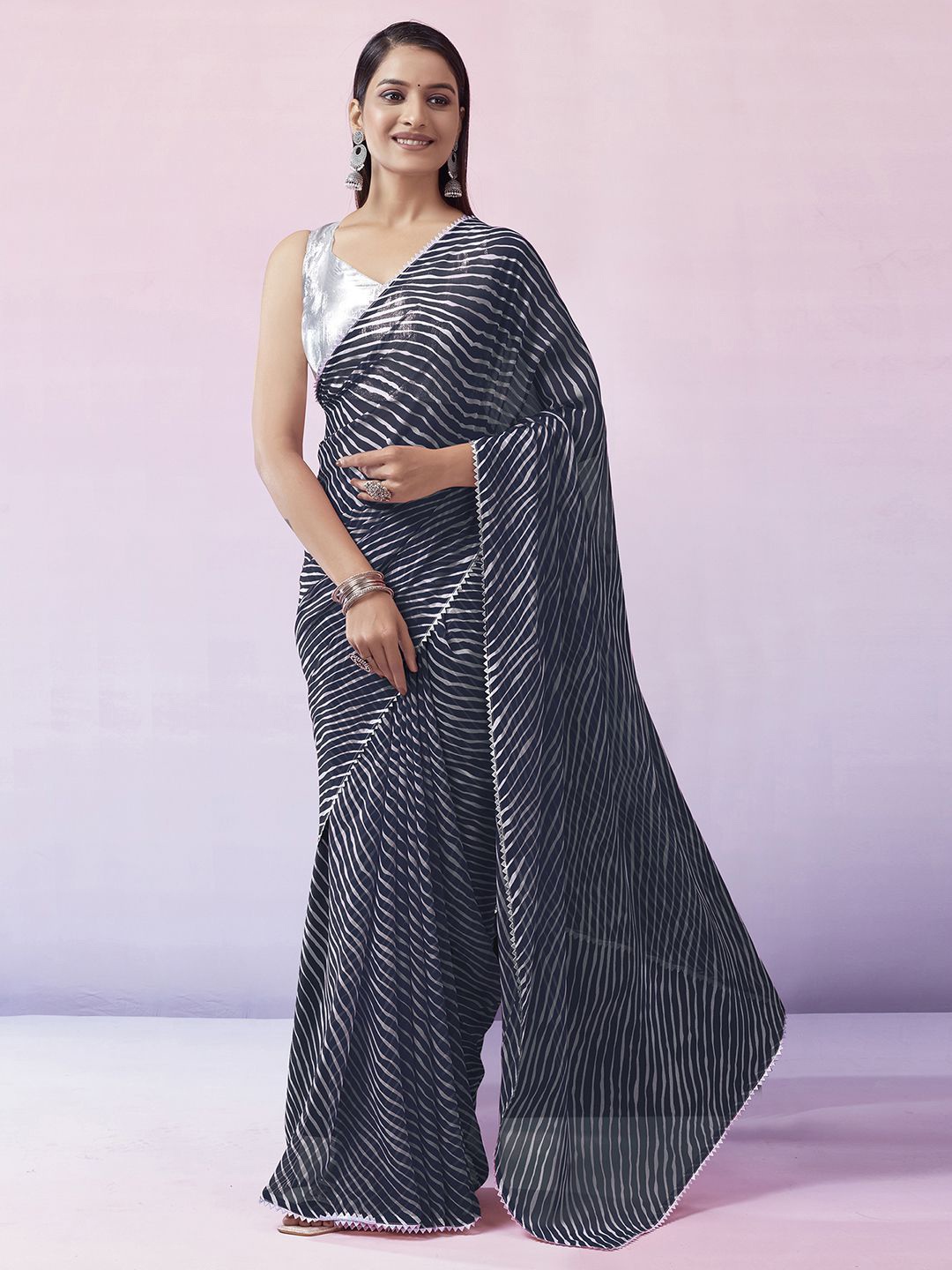 

KALINI Leheriya Gotta Patti Leheriya Saree, Navy blue