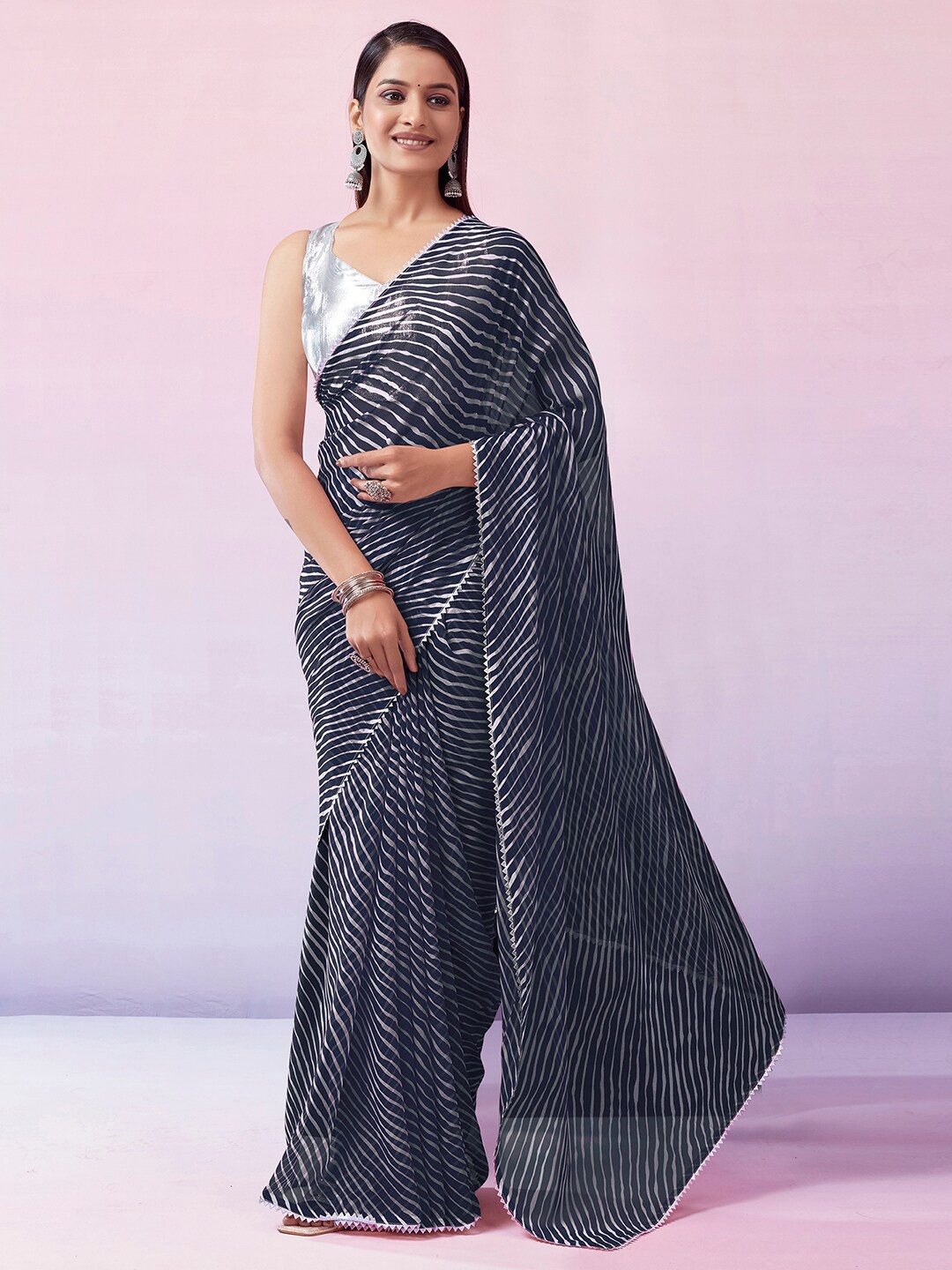

KALINI Dark Blue & White Striped Gotta Patti Leheriya Saree, Navy blue