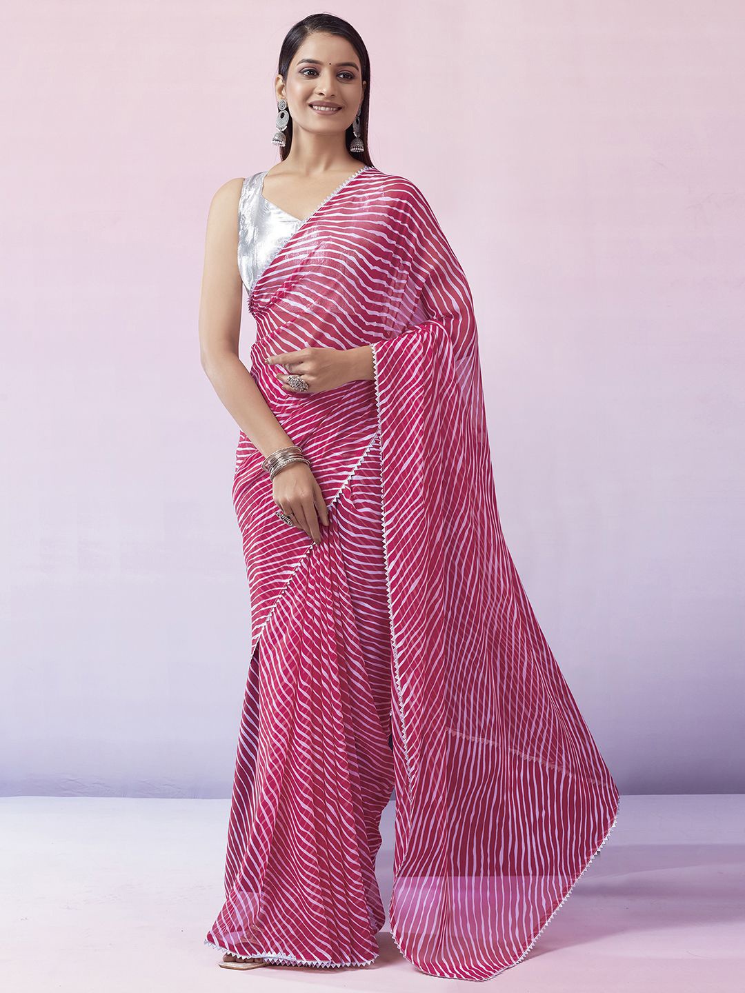 

KALINI Pink & White Striped Gotta Patti Leheriya Saree