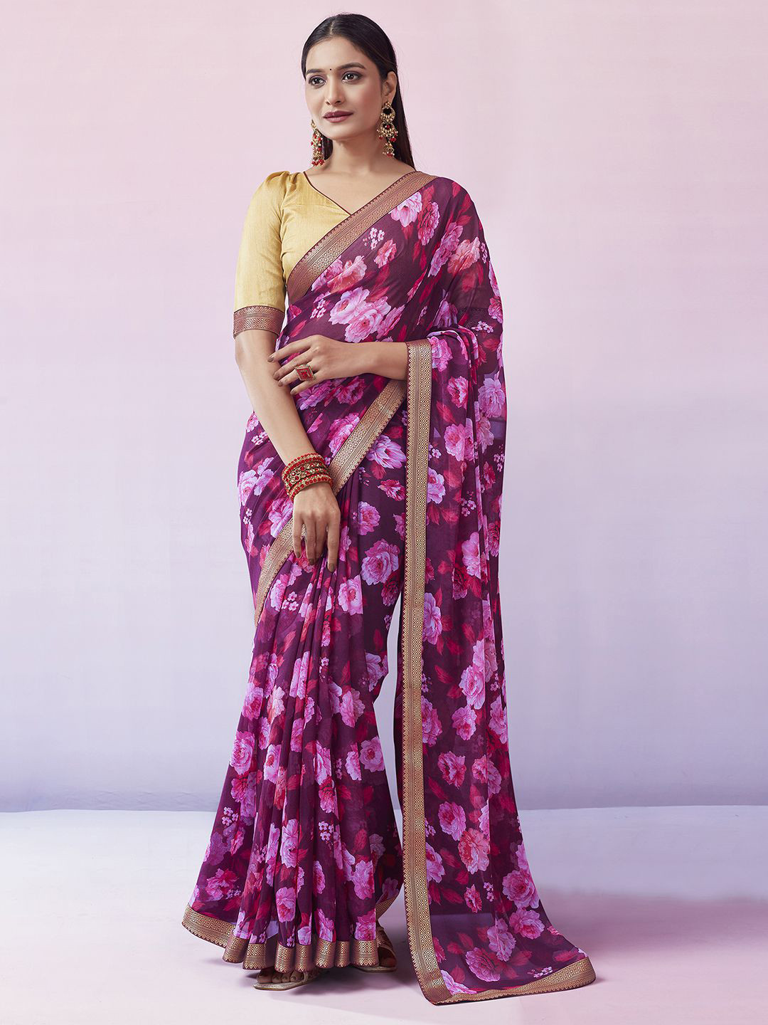 

KALINI Purple & Pink Floral Printed Woven Design Sungudi Saree