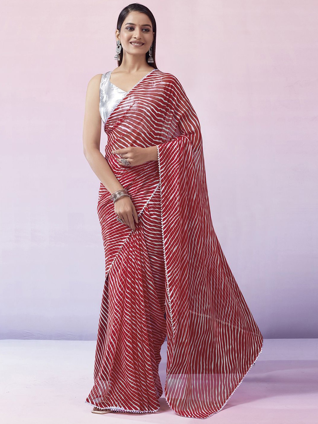 

KALINI Red & White Striped Gotta Patti Leheriya Saree