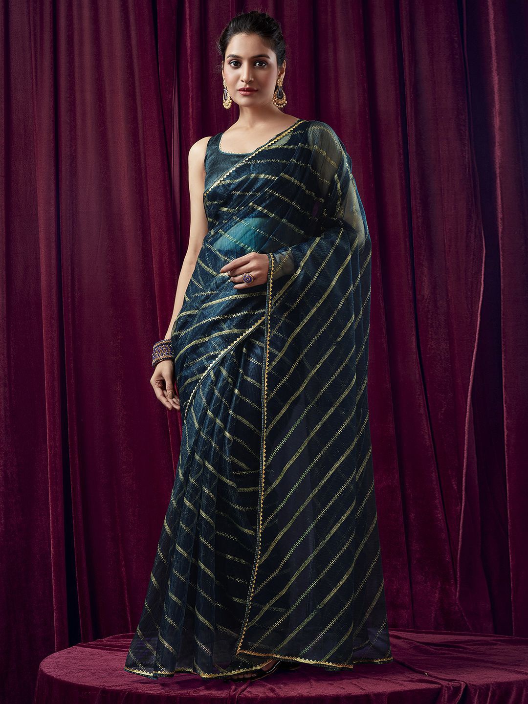 

KALINI Striped Gotta Patti Net Leheriya Saree, Navy blue