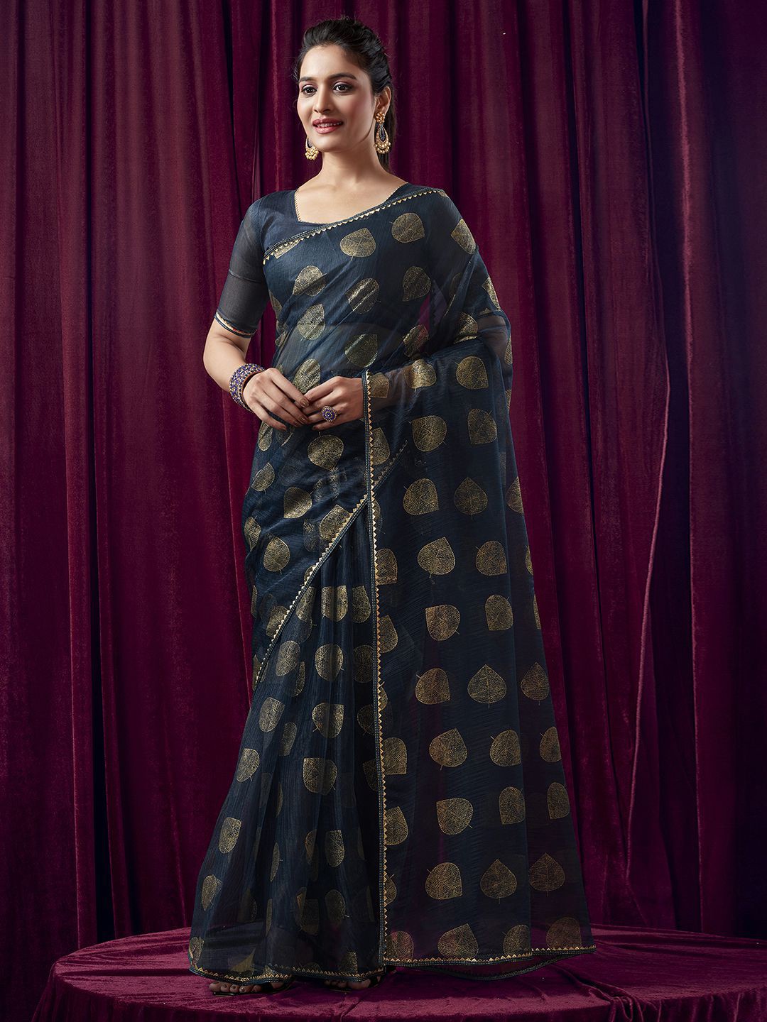 

KALINI Navy Blue Gotta Patti Net Saree
